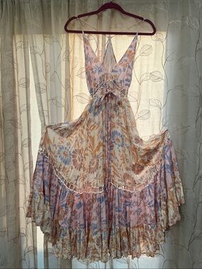 Free People Floral Boho V-Neck midi  Dress in Pastel Pink and Cream size S